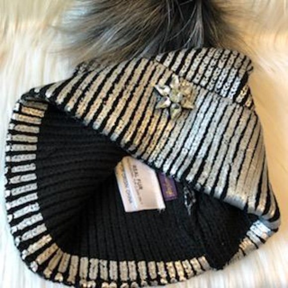Metallic Knit & Fox Fur PomPom Hat main image 4